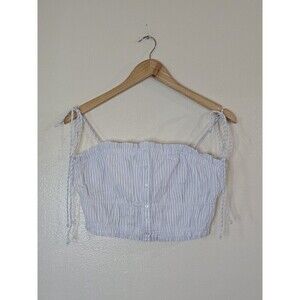 AERIE Button Front Crop Top Size M Striped Smocked Shoulder Tie Prairie Coquette